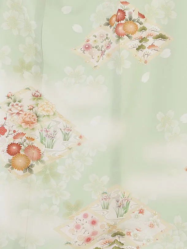 【単衣】夏訪問着レンタル 0152 華徒然／淡グリーン 桜花菱