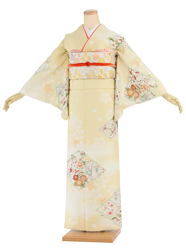 【単衣】夏訪問着レンタル 0154 華徒然／黄色 桜花菱