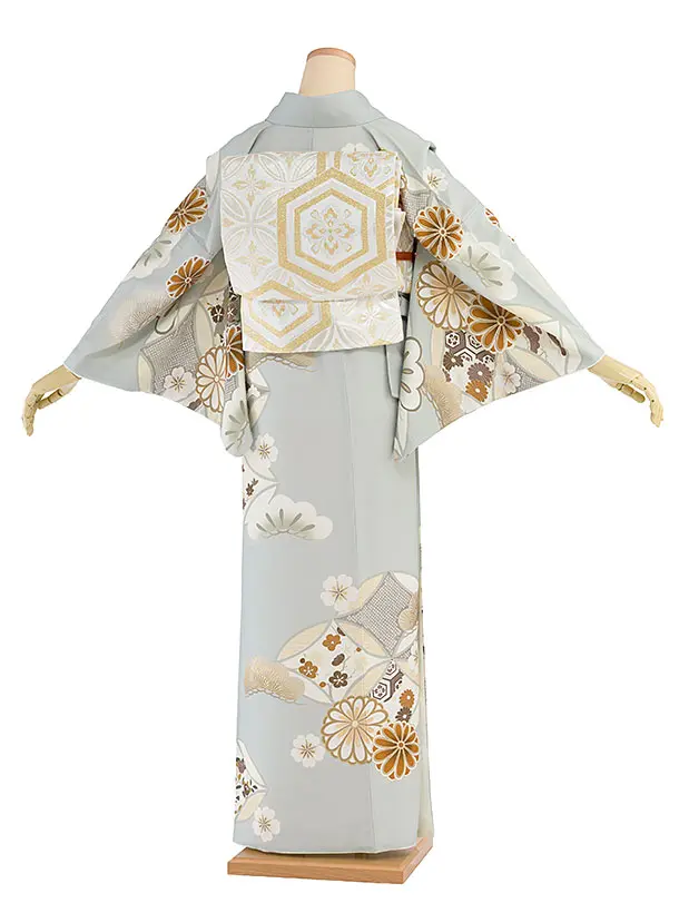 【単衣】夏訪問着レンタル 0155 紅一点／ブルーグレー 七宝に菊