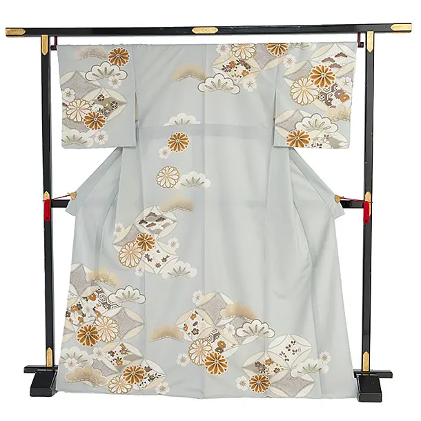 【単衣】夏訪問着レンタル 0155 紅一点／ブルーグレー 七宝に菊