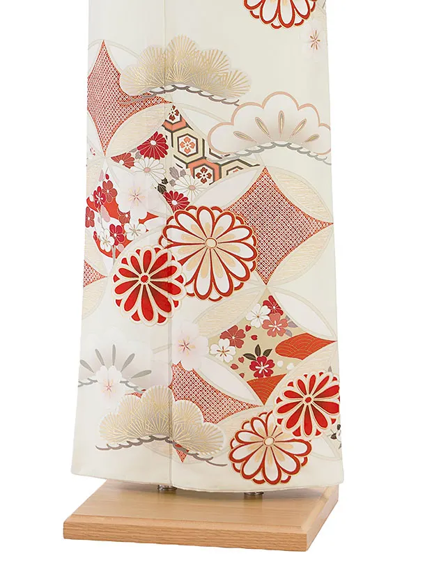 【単衣】夏訪問着レンタル 0156 紅一点／オフホワイト 七宝に菊