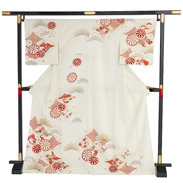 【単衣】夏訪問着レンタル 0156 紅一点／オフホワイト 七宝に菊