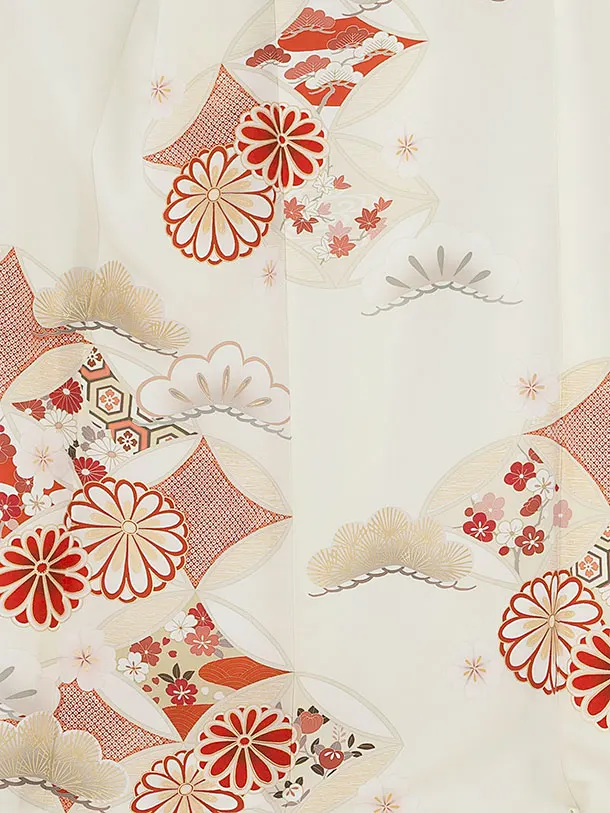 【単衣】夏訪問着レンタル 0156 紅一点／オフホワイト 七宝に菊