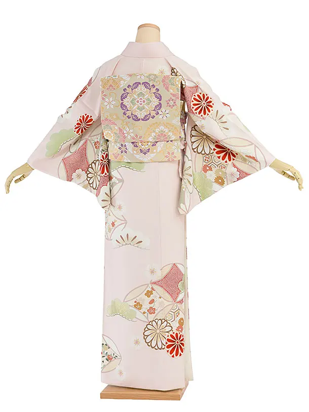 【単衣】夏訪問着レンタル 0157 紅一点／淡ピンク 七宝に菊