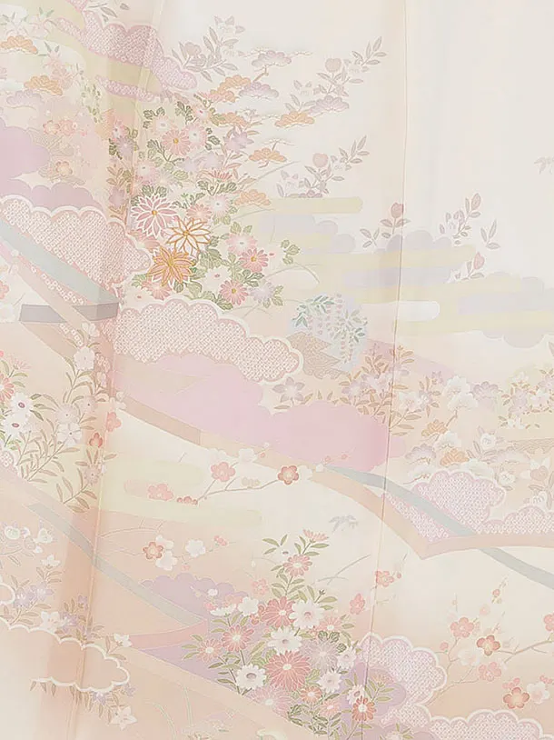 【単衣】夏訪問着レンタル 0161 クリーム 彩麗小花