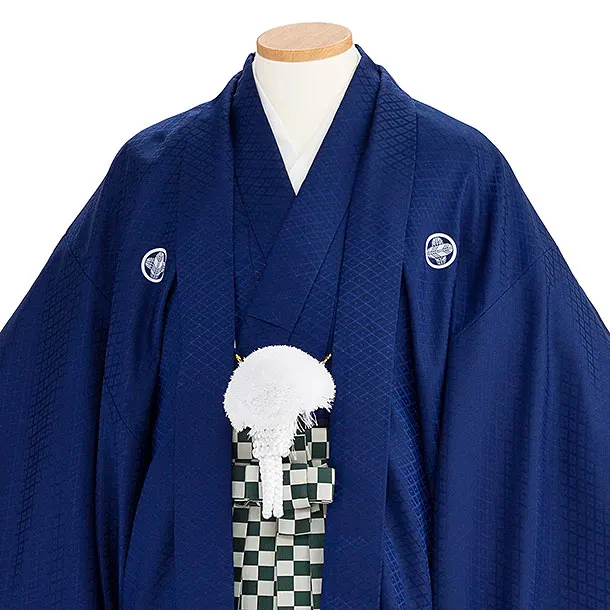 卒業式成人式袴ﾚﾝﾀﾙ161紺紋付×ｸﾞﾘｰﾝ市松袴