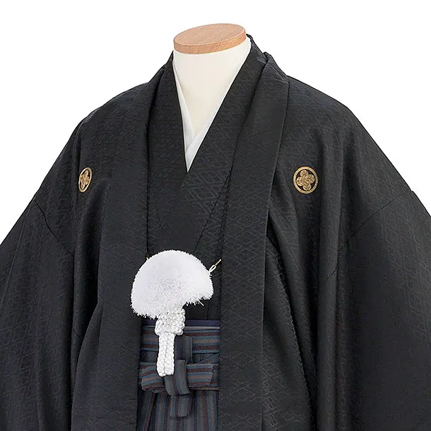 卒業式成人式袴レンタル 174 黒金刺繍龍馬／茶×ブルーグレー縞袴