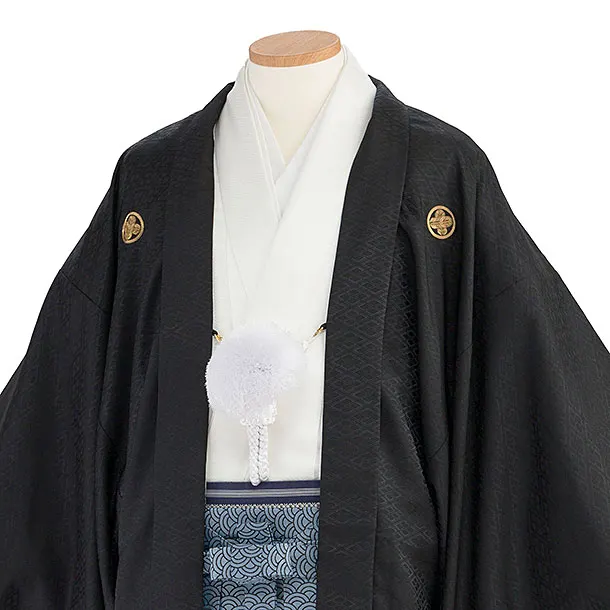 卒業式成人式袴ﾚﾝﾀﾙ181黒紋付[絆]×紺ｺﾞｰﾙ