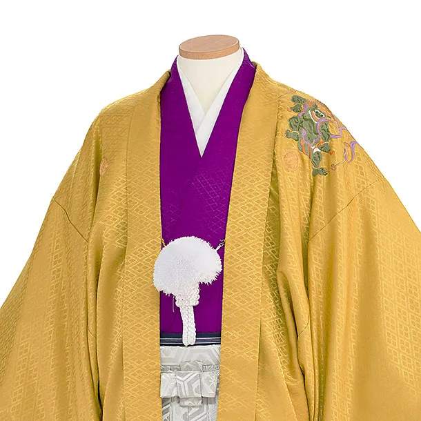 卒業式成人式袴ﾚﾝﾀﾙ186黄色紋付×ｺﾞｰﾙﾄﾞ袴