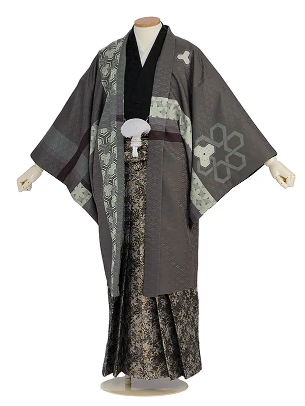 卒業式成人式袴レンタル 0242 茶鼠色 麻の葉／ゴールド袴