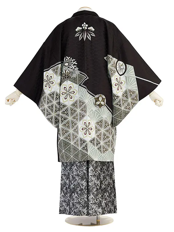 卒業式成人式袴レンタル 0244 黒 麻の葉／シルバー袴