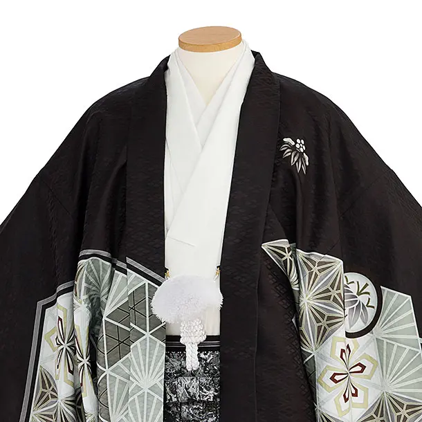 卒業式成人式袴レンタル 0244 黒 麻の葉／シルバー袴