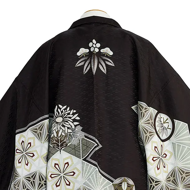 卒業式成人式袴レンタル 0244 黒 麻の葉／シルバー袴