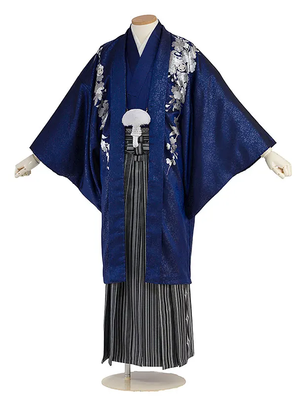 卒業式成人式袴レンタル 0253 青吉野桜銀彩／黒銀縞袴