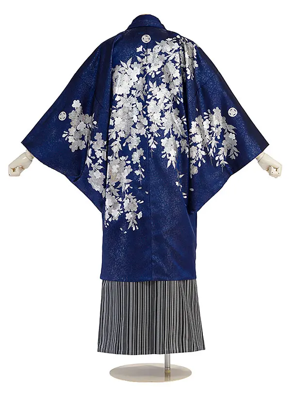 卒業式成人式袴レンタル 0253 青吉野桜銀彩／黒銀縞袴
