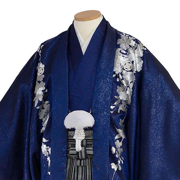 卒業式成人式袴レンタル 0253 青吉野桜銀彩／黒銀縞袴