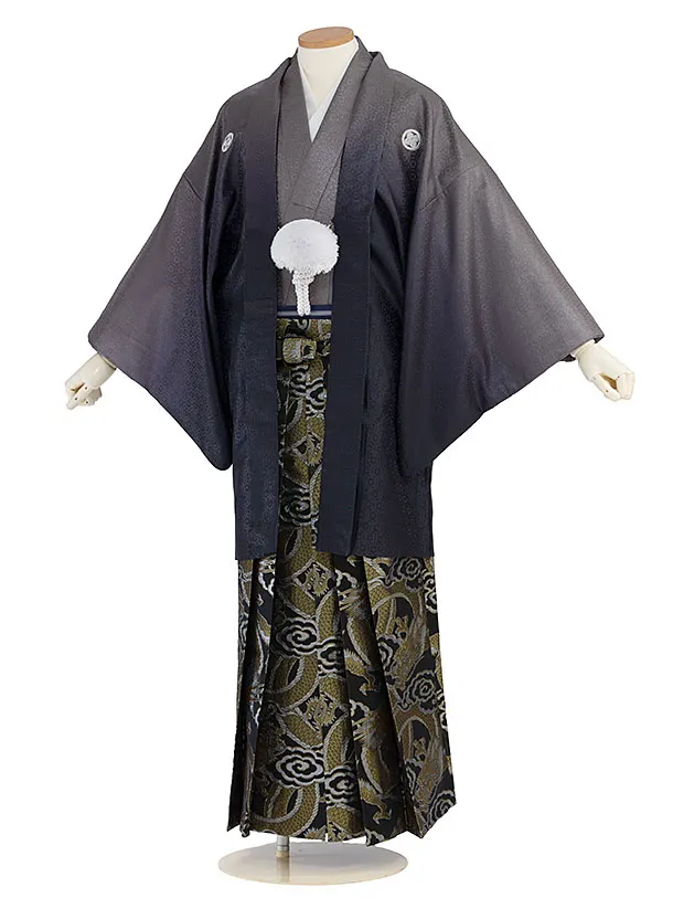 卒業式成人式袴レンタル 0254 グレー 亀甲ぼかし／黒 龍雲袴
