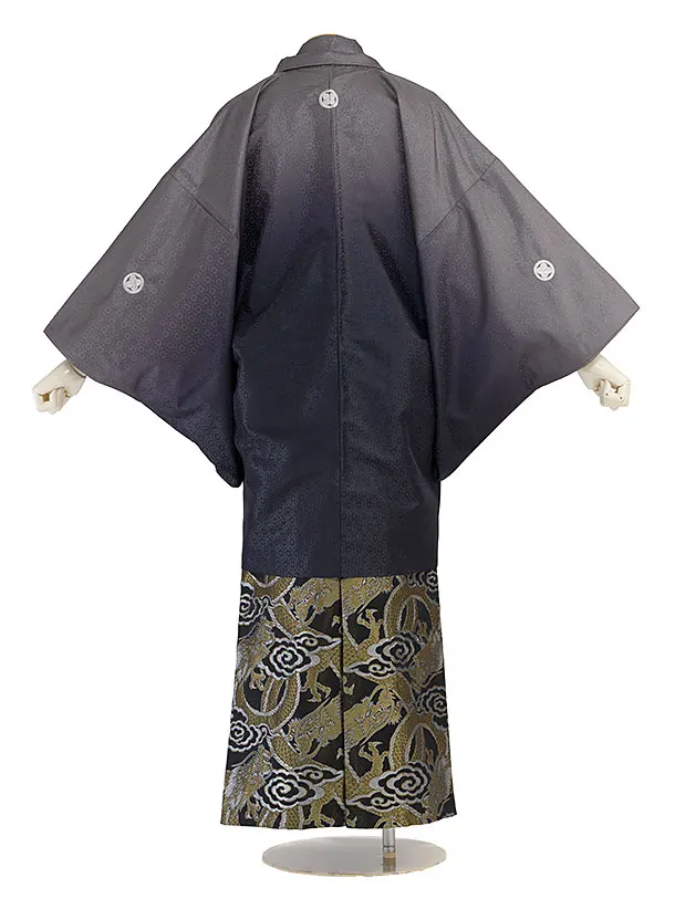 卒業式成人式袴レンタル 0255 グレー 亀甲ぼかし／黒 龍雲袴
