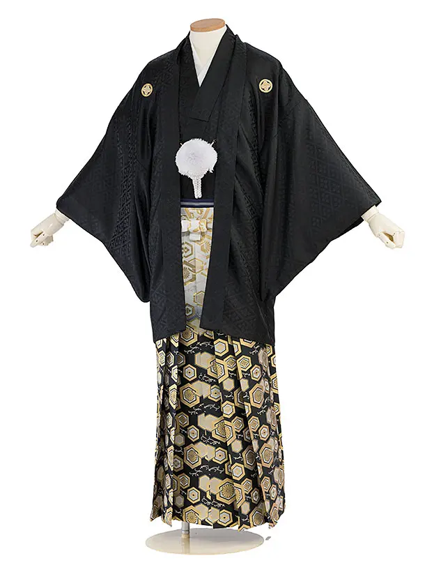 卒業式成人式袴レンタル 0256 黒 金紋武田菱／白黒ぼかし 金亀甲松葉袴