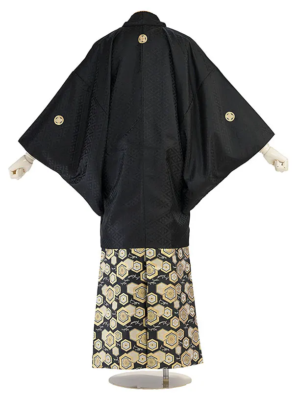 卒業式成人式袴レンタル 0256 黒 金紋武田菱／白黒ぼかし 金亀甲松葉袴