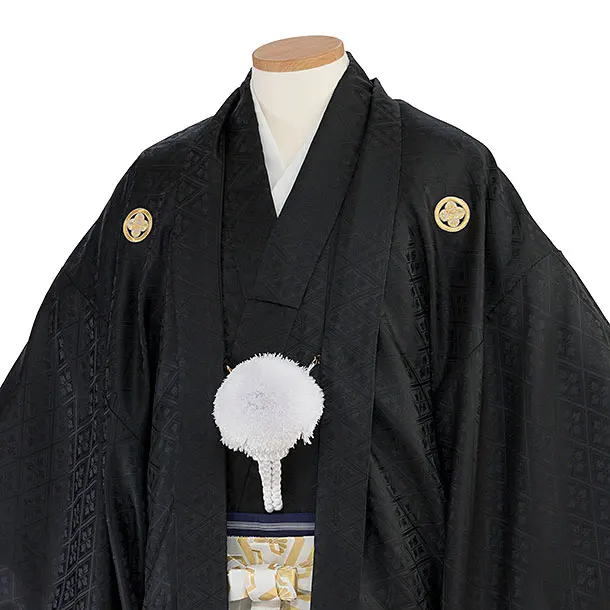 卒業式成人式袴レンタル 0257 黒 金紋武田菱／白黒ぼかし 金亀甲松葉袴