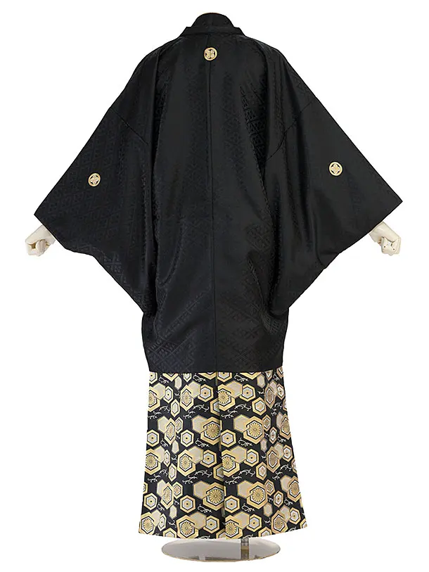 卒業式成人式袴レンタル 0258 黒 金紋武田菱／白黒ぼかし 金亀甲松葉袴