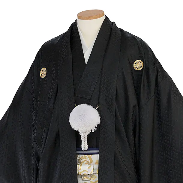 卒業式成人式袴レンタル 0258 黒 金紋武田菱／白黒ぼかし 金亀甲松葉袴