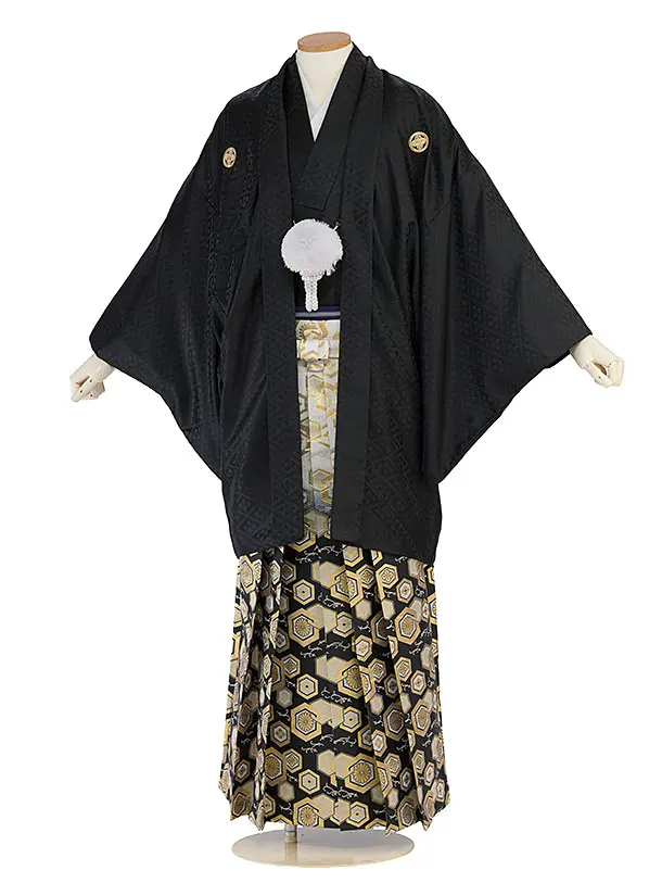 卒業式成人式袴レンタル 0259 黒 金紋武田菱／白黒ぼかし 金亀甲松葉袴