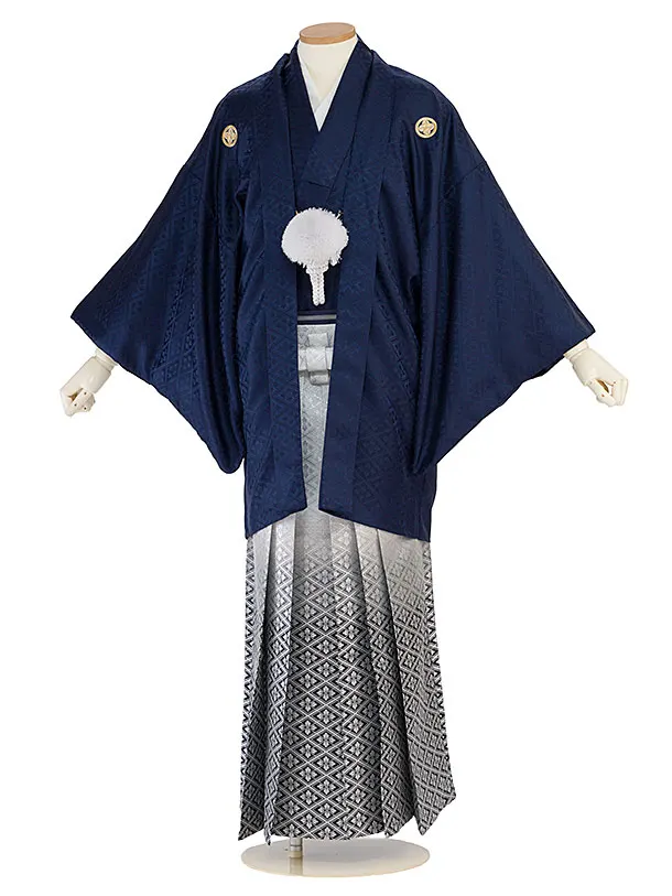 卒業式成人式袴レンタル 0261 紺 金紋武田菱／白銀ぼかし 武田菱袴