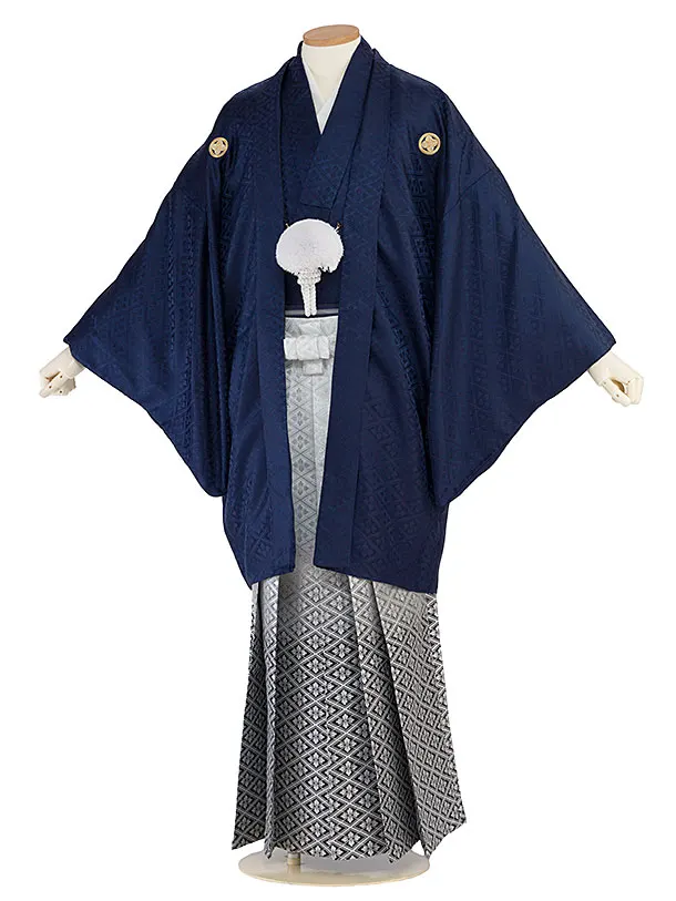 卒業式成人式袴レンタル 0263 紺 金紋武田菱／白銀 武田菱ぼかし袴