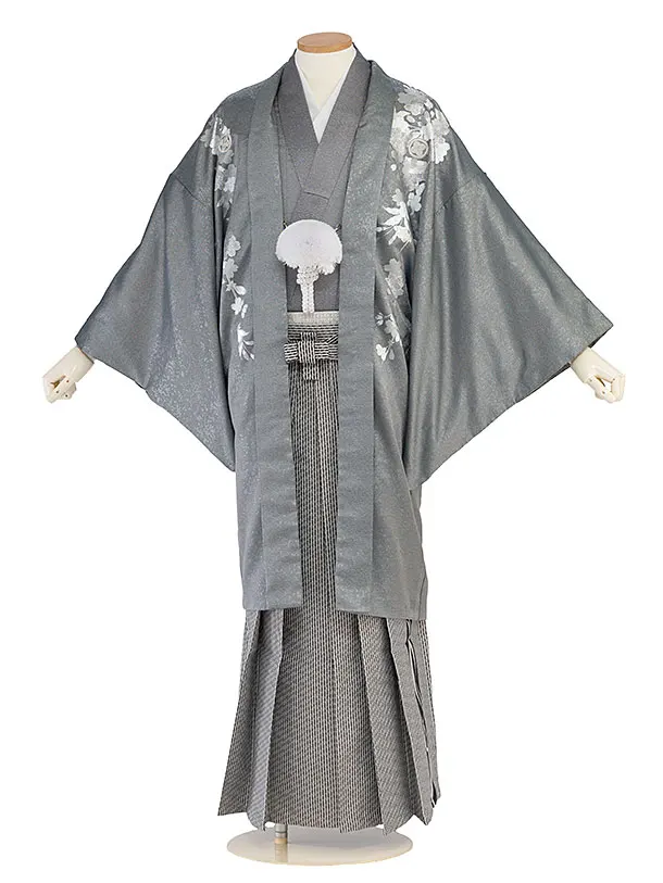 卒業式成人式袴レンタル 0264 グレー 銀彩吉野桜／チャコールグレー縞袴