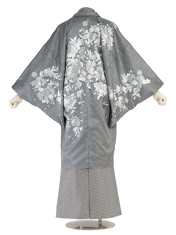 卒業式成人式袴レンタル 0264 グレー 銀彩吉野桜／チャコールグレー縞袴