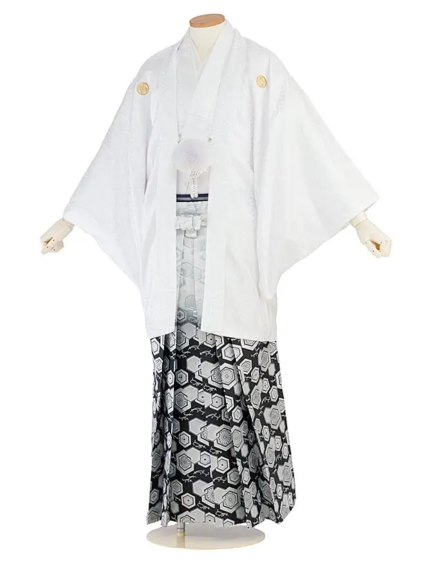 卒業式成人式袴レンタル 0266 白 金紋武田菱／白黒ぼかし 金亀甲松葉袴