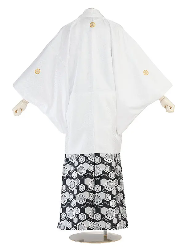 卒業式成人式袴レンタル 0266 白 金紋武田菱／白黒ぼかし 金亀甲松葉袴