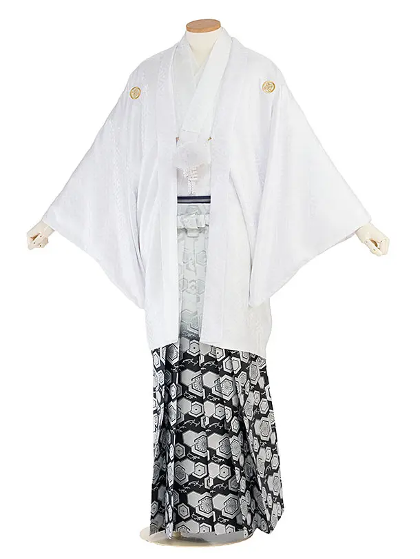 卒業式成人式袴レンタル 0267 白 金紋武田菱／白黒ぼかし 金亀甲松葉袴