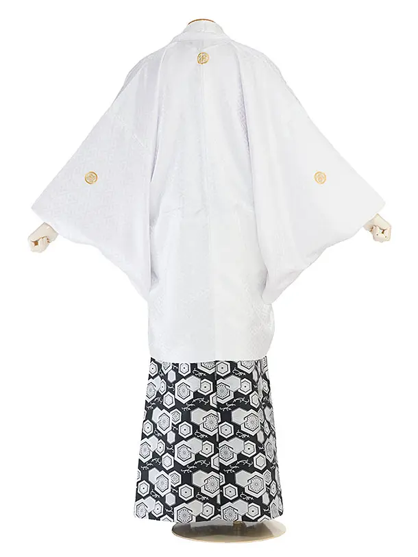 卒業式成人式袴レンタル 0267 白 金紋武田菱／白黒ぼかし 金亀甲松葉袴