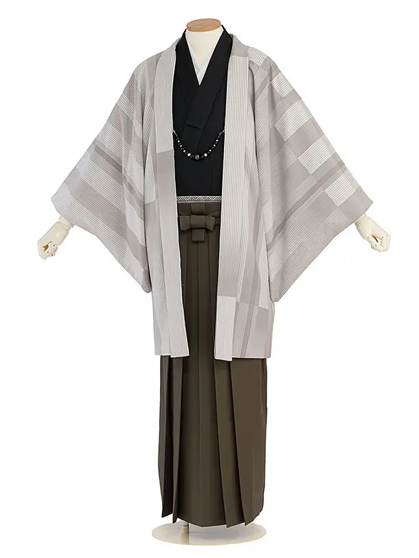 男性袴レンタル0268 JAPANSTYLE／グレーストライプ／カーキブラウン袴