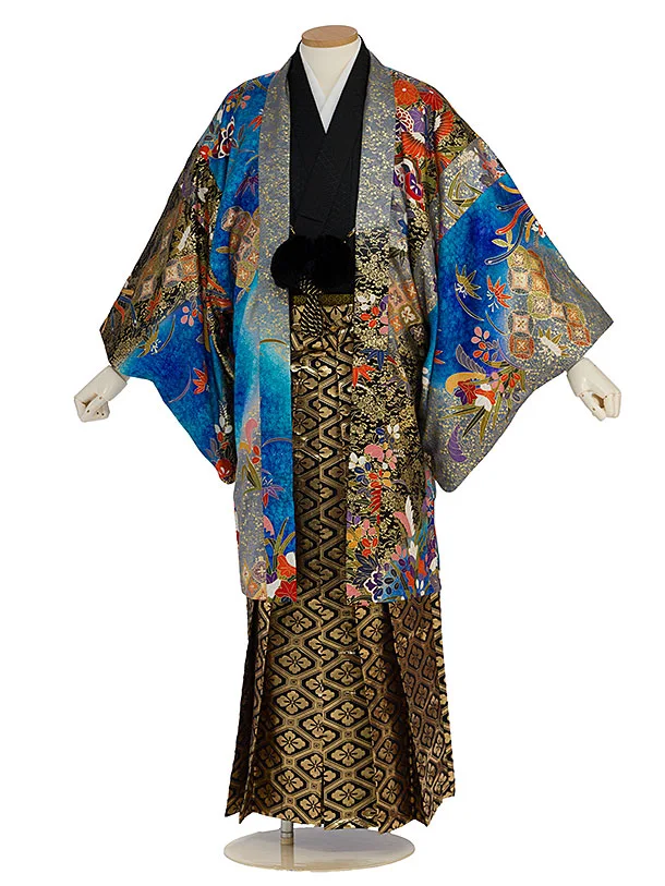 卒業式成人式袴レンタル 0270 【正絹】青黒金 鳳凰七宝／黒金蜀江花菱袴