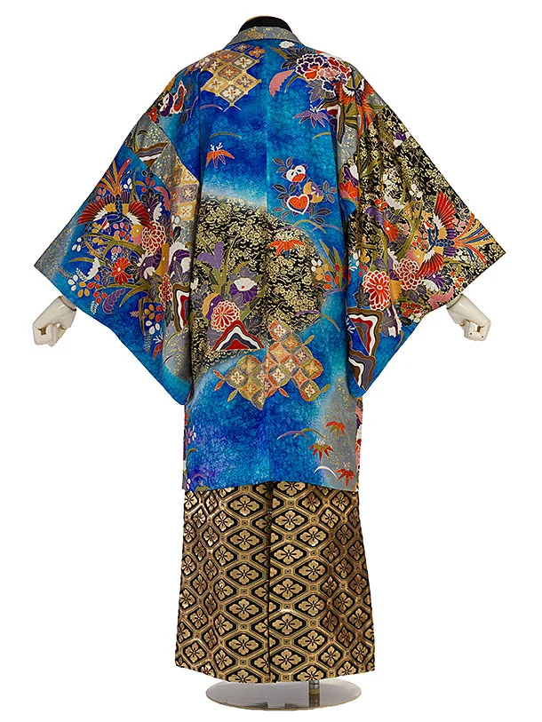 卒業式成人式袴レンタル 0270 【正絹】青黒金 鳳凰七宝／黒金蜀江花菱袴