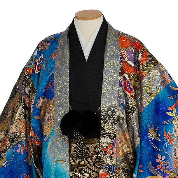 卒業式成人式袴レンタル 0270 【正絹】青黒金 鳳凰七宝／黒金蜀江花菱袴