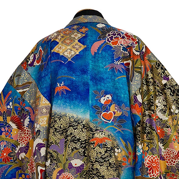 卒業式成人式袴レンタル 0270 【正絹】青黒金 鳳凰七宝／黒金蜀江花菱袴