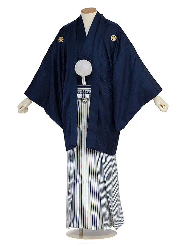 卒業式成人式袴レンタル 0271 紺 武田菱金紋／青白銀縞袴