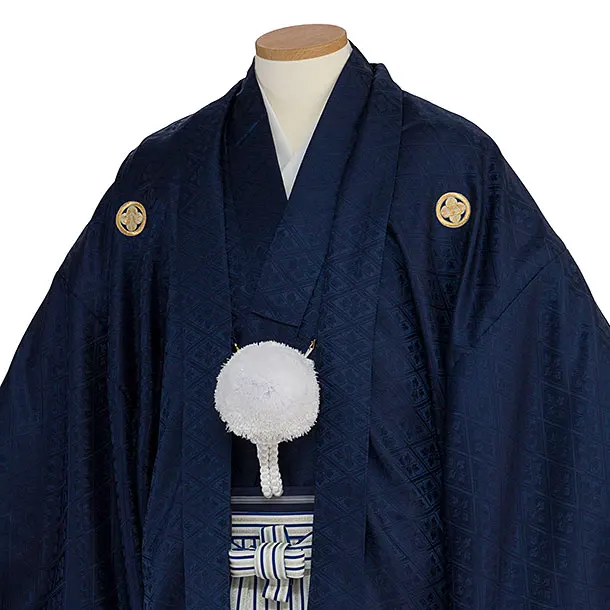 卒業式成人式袴レンタル 0271 紺 武田菱金紋／青白銀縞袴