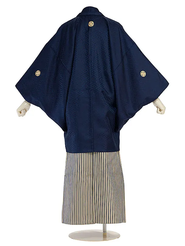 卒業式成人式袴レンタル 0273 紺 武田菱金紋／濃紺白金縞袴