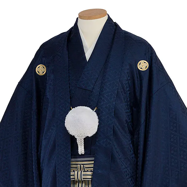 卒業式成人式袴レンタル 0273 紺 武田菱金紋／濃紺白金縞袴