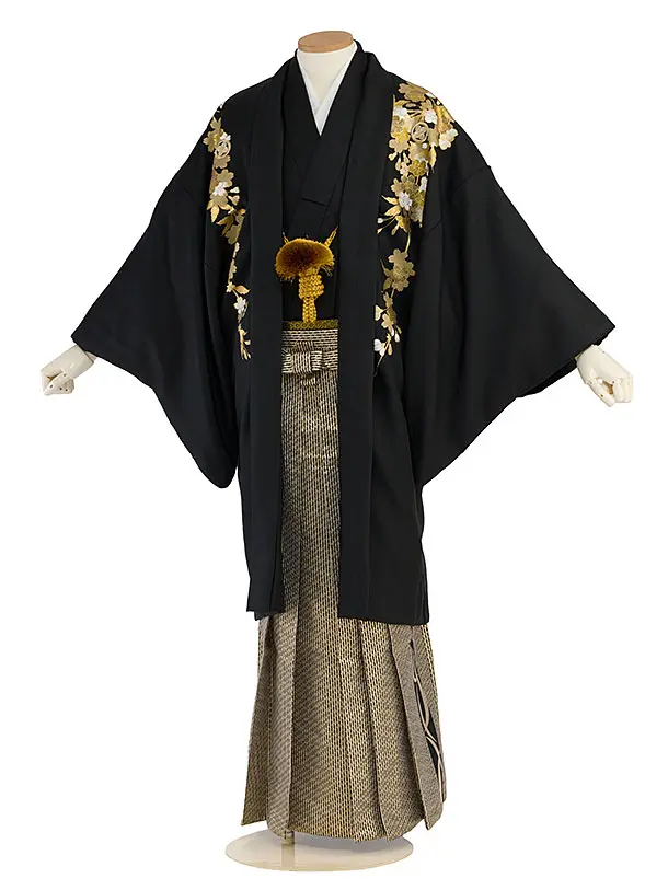 卒業式成人式袴レンタル 0274 黒 金彩吉野桜／黒金縞袴