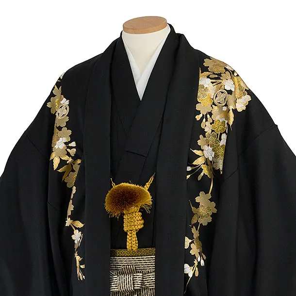 卒業式成人式袴レンタル 0274 黒 金彩吉野桜／黒金縞袴