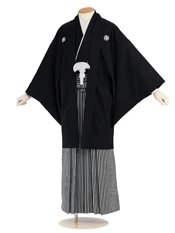 卒業式成人式袴レンタル 0277 黒紋付／仙台縦縞袴