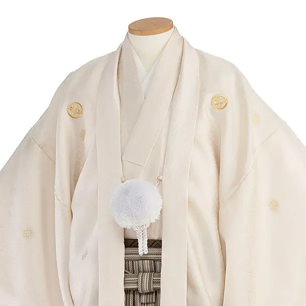 卒業式成人式袴レンタル 0278 アイボリー 家紋柄／ブラウンストライプ袴