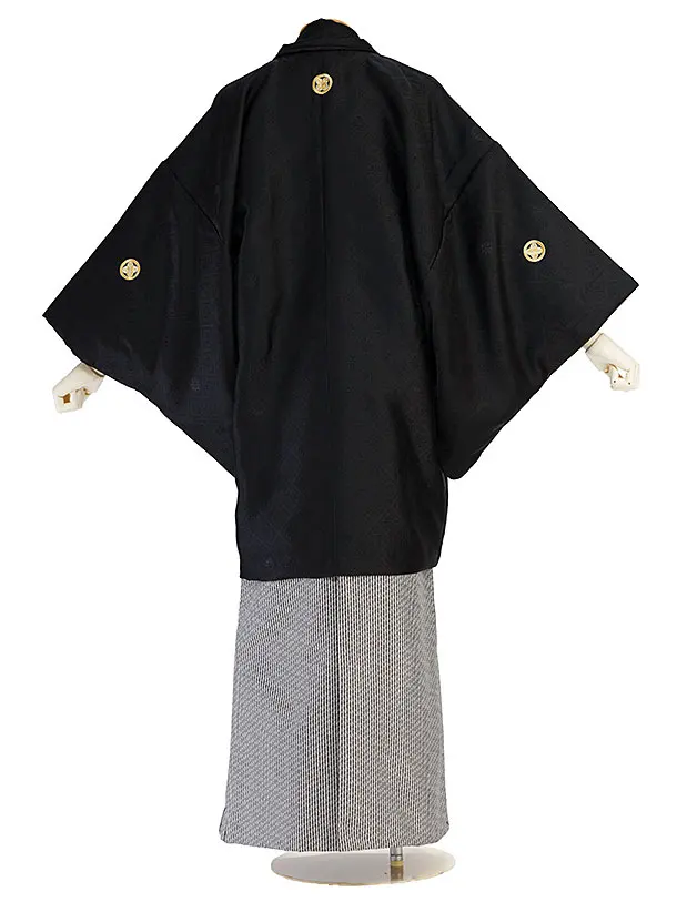 卒業式成人式袴レンタル 0279 黒 家紋柄／グレーストライプ袴